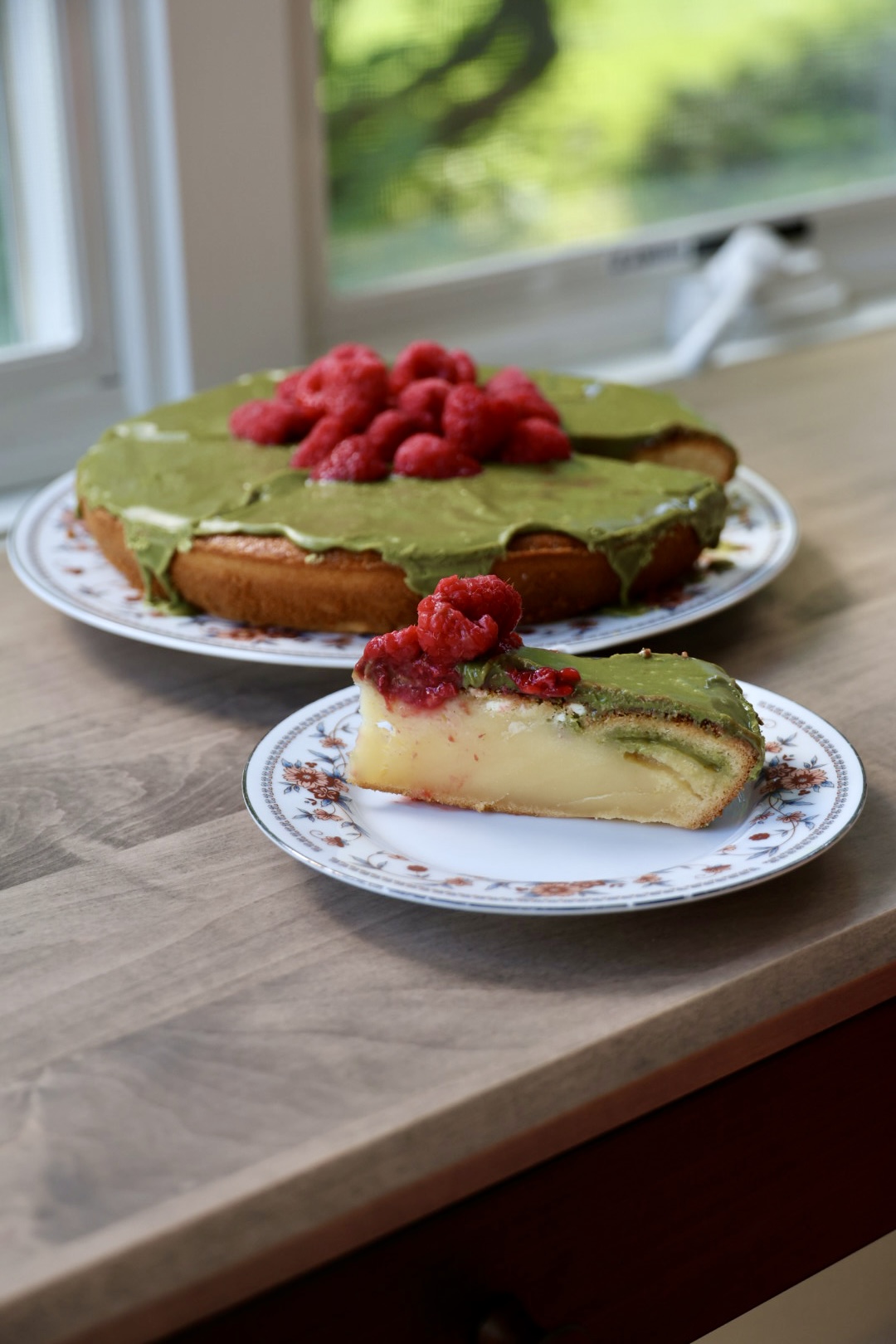 Raspberry mochi butter cake with matcha glaze
